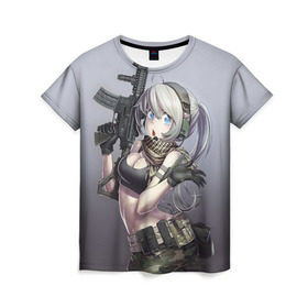 Женская футболка 3D с принтом Девушка с оружием в Кировске, 100% полиэфир ( синтетическое хлопкоподобное полотно) | прямой крой, круглый вырез горловины, длина до линии бедер | anime | automatic | beautiful | girl | guns | japanese | автомат | аниме | девушка | красивая | оружие | японский