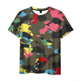 Мужская футболка 3D с принтом Цветной камуфляж в Кировске, 100% полиэфир | прямой крой, круглый вырез горловины, длина до линии бедер | Тематика изображения на принте: маскировка | пестрый | разноцветный | яркий