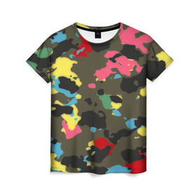 Женская футболка 3D с принтом Цветной камуфляж в Кировске, 100% полиэфир ( синтетическое хлопкоподобное полотно) | прямой крой, круглый вырез горловины, длина до линии бедер | маскировка | пестрый | разноцветный | яркий
