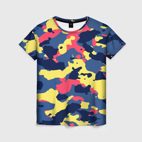 Женская футболка 3D с принтом Разноцветный камуфляж в Кировске, 100% полиэфир ( синтетическое хлопкоподобное полотно) | прямой крой, круглый вырез горловины, длина до линии бедер | 