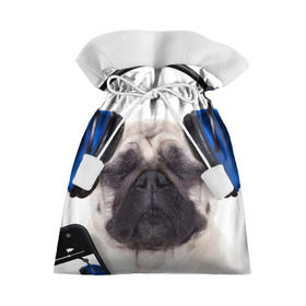 Подарочный 3D мешок с принтом Мопс в наушниках в Кировске, 100% полиэстер | Размер: 29*39 см | Тематика изображения на принте: дворняжка | домашние животные | любимец | мопс | пес | песик | питомец | собака | собачка