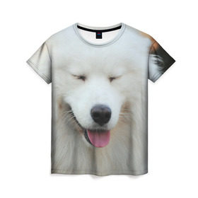Женская футболка 3D с принтом Самоед в Кировске, 100% полиэфир ( синтетическое хлопкоподобное полотно) | прямой крой, круглый вырез горловины, длина до линии бедер | Тематика изображения на принте: далматин | лабрадор | любимец | овчарка | пес | питомец | самоед | собака | собачка | щенок