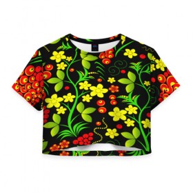Женская футболка 3D укороченная с принтом Natural flowers в Кировске, 100% полиэстер | круглая горловина, длина футболки до линии талии, рукава с отворотами | flower | орнамент | паттерн | хохлома | цветы