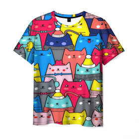 Мужская футболка 3D с принтом Котики в Кировске, 100% полиэфир | прямой крой, круглый вырез горловины, длина до линии бедер | кошки | паттерн | разноцветный | яркий