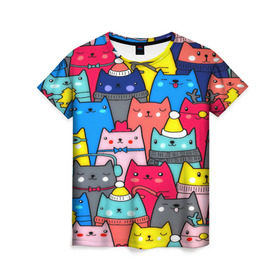 Женская футболка 3D с принтом Котики в Кировске, 100% полиэфир ( синтетическое хлопкоподобное полотно) | прямой крой, круглый вырез горловины, длина до линии бедер | кошки | паттерн | разноцветный | яркий