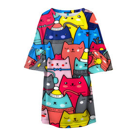 Детское платье 3D с принтом Котики в Кировске, 100% полиэстер | прямой силуэт, чуть расширенный к низу. Круглая горловина, на рукавах — воланы | Тематика изображения на принте: кошки | паттерн | разноцветный | яркий