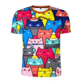 Мужская футболка 3D спортивная с принтом Котики в Кировске, 100% полиэстер с улучшенными характеристиками | приталенный силуэт, круглая горловина, широкие плечи, сужается к линии бедра | кошки | паттерн | разноцветный | яркий