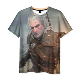 Мужская футболка 3D с принтом Геральт- Игни в Кировске, 100% полиэфир | прямой крой, круглый вырез горловины, длина до линии бедер | ведьмак