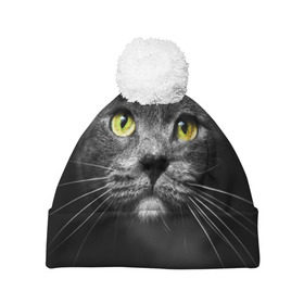 Шапка 3D c помпоном с принтом Кошачий взгляд в Кировске, 100% полиэстер | универсальный размер, печать по всей поверхности изделия | взгляд | взор | глаза | киска | кот | котёнок | кошка | усы