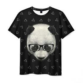 Мужская футболка 3D с принтом Умная панда в Кировске, 100% полиэфир | прямой крой, круглый вырез горловины, длина до линии бедер | Тематика изображения на принте: animal | bear | beast | hipster | panda | smart | животное | зверь | медведь | очки | панда | свэг | умный | хипстер