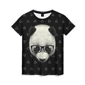 Женская футболка 3D с принтом Умная панда в Кировске, 100% полиэфир ( синтетическое хлопкоподобное полотно) | прямой крой, круглый вырез горловины, длина до линии бедер | animal | bear | beast | hipster | panda | smart | животное | зверь | медведь | очки | панда | свэг | умный | хипстер
