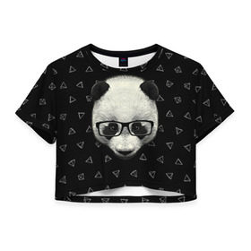 Женская футболка 3D укороченная с принтом Умная панда в Кировске, 100% полиэстер | круглая горловина, длина футболки до линии талии, рукава с отворотами | animal | bear | beast | hipster | panda | smart | животное | зверь | медведь | очки | панда | свэг | умный | хипстер