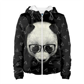 Женская куртка 3D с принтом Умная панда в Кировске, ткань верха — 100% полиэстер, подклад — флис | прямой крой, подол и капюшон оформлены резинкой с фиксаторами, два кармана без застежек по бокам, один большой потайной карман на груди. Карман на груди застегивается на липучку | animal | bear | beast | hipster | panda | smart | животное | зверь | медведь | очки | панда | свэг | умный | хипстер