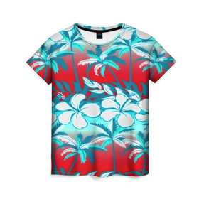 Женская футболка 3D с принтом Tropical Fashion в Кировске, 100% полиэфир ( синтетическое хлопкоподобное полотно) | прямой крой, круглый вырез горловины, длина до линии бедер | flower | пальмы | паттерн | цветы