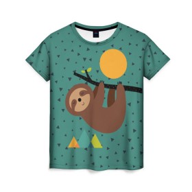 Женская футболка 3D с принтом Довольный ленивец в Кировске, 100% полиэфир ( синтетическое хлопкоподобное полотно) | прямой крой, круглый вырез горловины, длина до линии бедер | animal | art | bear | beast | nature | sun | арт | животное | зверь | лето | медведь | мишка | природа | солнце