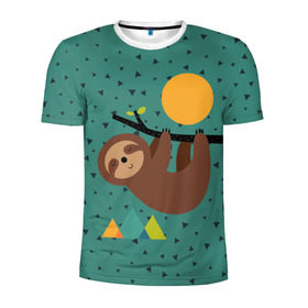 Мужская футболка 3D спортивная с принтом Довольный ленивец в Кировске, 100% полиэстер с улучшенными характеристиками | приталенный силуэт, круглая горловина, широкие плечи, сужается к линии бедра | animal | art | bear | beast | nature | sun | арт | животное | зверь | лето | медведь | мишка | природа | солнце