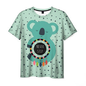 Мужская футболка 3D с принтом Мечтающая коала в Кировске, 100% полиэфир | прямой крой, круглый вырез горловины, длина до линии бедер | Тематика изображения на принте: animal | dream | hunter | koala | животное | зверь | коала | ловец снов | мечта