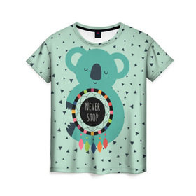 Женская футболка 3D с принтом Мечтающая коала в Кировске, 100% полиэфир ( синтетическое хлопкоподобное полотно) | прямой крой, круглый вырез горловины, длина до линии бедер | animal | dream | hunter | koala | животное | зверь | коала | ловец снов | мечта