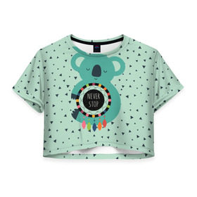 Женская футболка 3D укороченная с принтом Мечтающая коала в Кировске, 100% полиэстер | круглая горловина, длина футболки до линии талии, рукава с отворотами | animal | dream | hunter | koala | животное | зверь | коала | ловец снов | мечта