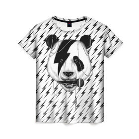 Женская футболка 3D с принтом Панда вокалист в Кировске, 100% полиэфир ( синтетическое хлопкоподобное полотно) | прямой крой, круглый вырез горловины, длина до линии бедер | animal | bear | beast | metal | music | nature | panda | rock | sound | vocal | вокал | животное | зверь | звук | медведь | меломан | метал | мишка | музыка | панда | природа | рок