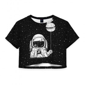 Женская футболка 3D укороченная с принтом Астронавт с шариком в Кировске, 100% полиэстер | круглая горловина, длина футболки до линии талии, рукава с отворотами | astronaut | cosmonaut | cosmos | dead | galaxy | moon | planet | space | star | universe | астронавт | вселенная | галактика | звезды | космонавт | космос | луна | планета | шарик