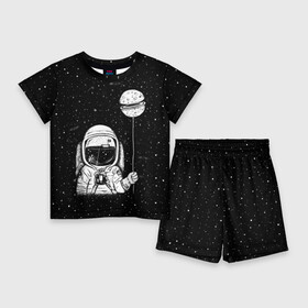 Детский костюм с шортами 3D с принтом Астронавт с шариком в Кировске,  |  | Тематика изображения на принте: astronaut | cosmonaut | cosmos | dead | galaxy | moon | planet | space | star | universe | астронавт | вселенная | галактика | звезды | космонавт | космос | луна | планета | шарик