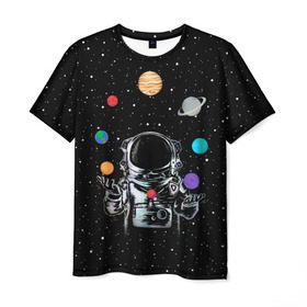 Мужская футболка 3D с принтом Космический жонглер в Кировске, 100% полиэфир | прямой крой, круглый вырез горловины, длина до линии бедер | astronaut | cosmonaut | cosmos | galaxy | planet | space | star | universe | астронавт | вселенная | галактика | звезды | земля | космонавт | космос | луна | марс | планета | сатурн | уран