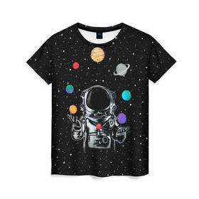 Женская футболка 3D с принтом Космический жонглер в Кировске, 100% полиэфир ( синтетическое хлопкоподобное полотно) | прямой крой, круглый вырез горловины, длина до линии бедер | astronaut | cosmonaut | cosmos | galaxy | planet | space | star | universe | астронавт | вселенная | галактика | звезды | земля | космонавт | космос | луна | марс | планета | сатурн | уран