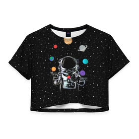 Женская футболка 3D укороченная с принтом Космический жонглер в Кировске, 100% полиэстер | круглая горловина, длина футболки до линии талии, рукава с отворотами | astronaut | cosmonaut | cosmos | galaxy | planet | space | star | universe | астронавт | вселенная | галактика | звезды | земля | космонавт | космос | луна | марс | планета | сатурн | уран