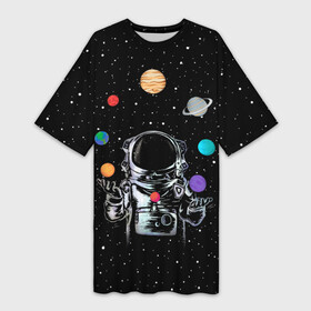 Платье-футболка 3D с принтом Космический жонглер в Кировске,  |  | astronaut | cosmonaut | cosmos | galaxy | planet | space | star | universe | астронавт | вселенная | галактика | звезды | земля | космонавт | космос | луна | марс | планета | сатурн | уран