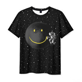 Мужская футболка 3D с принтом Лунная улыбка в Кировске, 100% полиэфир | прямой крой, круглый вырез горловины, длина до линии бедер | astronaut | cosmonaut | cosmos | galaxy | meteor | moon | planet | smile | space | universe | астронавт | вселенная | галактика | звезды | космонавт | космос | луна | смайл | улыбка