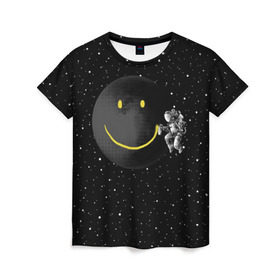 Женская футболка 3D с принтом Лунная улыбка в Кировске, 100% полиэфир ( синтетическое хлопкоподобное полотно) | прямой крой, круглый вырез горловины, длина до линии бедер | astronaut | cosmonaut | cosmos | galaxy | meteor | moon | planet | smile | space | universe | астронавт | вселенная | галактика | звезды | космонавт | космос | луна | смайл | улыбка