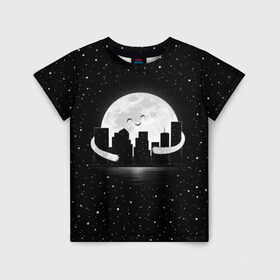 Детская футболка 3D с принтом Лунные объятия в Кировске, 100% гипоаллергенный полиэфир | прямой крой, круглый вырез горловины, длина до линии бедер, чуть спущенное плечо, ткань немного тянется | astronaut | city | cosmonaut | cosmos | galaxy | moon | planet | smile | space | universe | астронавт | вселенная | галактика | город | звезды | космонавт | космос | луна | смайл | улыбка