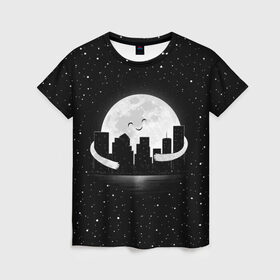 Женская футболка 3D с принтом Лунные объятия в Кировске, 100% полиэфир ( синтетическое хлопкоподобное полотно) | прямой крой, круглый вырез горловины, длина до линии бедер | astronaut | city | cosmonaut | cosmos | galaxy | moon | planet | smile | space | universe | астронавт | вселенная | галактика | город | звезды | космонавт | космос | луна | смайл | улыбка