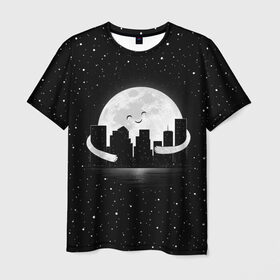 Мужская футболка 3D с принтом Лунные объятия в Кировске, 100% полиэфир | прямой крой, круглый вырез горловины, длина до линии бедер | astronaut | city | cosmonaut | cosmos | galaxy | moon | planet | smile | space | universe | астронавт | вселенная | галактика | город | звезды | космонавт | космос | луна | смайл | улыбка
