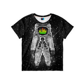 Детская футболка 3D с принтом Музыкальный космонавт в Кировске, 100% гипоаллергенный полиэфир | прямой крой, круглый вырез горловины, длина до линии бедер, чуть спущенное плечо, ткань немного тянется | Тематика изображения на принте: astronaut | cosmonaut | dj | eqializer | galaxy | moon | music | planet | space | star | universe | астронавт | вселенная | галактика | диджей | космонавт | космос | музыка | эквалайзер