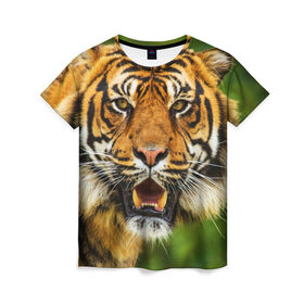 Женская футболка 3D с принтом Тигр в Кировске, 100% полиэфир ( синтетическое хлопкоподобное полотно) | прямой крой, круглый вырез горловины, длина до линии бедер | дикая кошка | животное | клыки | лев | тигр. tiger | хищник