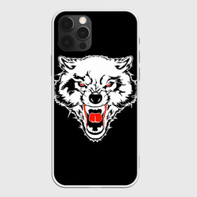 Чехол для iPhone 12 Pro Max с принтом Волк в Кировске, Силикон |  | animal | background | black | eyes | fangs | head | predator | red | teeth | white | wolf | белый | волк | глаза | голова | животное | зверь | клыки | красные | оскал | фон | хищник | черный