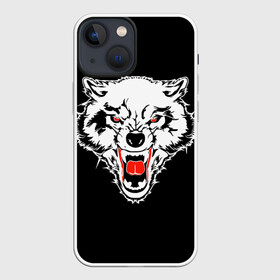 Чехол для iPhone 13 mini с принтом Волк в Кировске,  |  | animal | background | black | eyes | fangs | head | predator | red | teeth | white | wolf | белый | волк | глаза | голова | животное | зверь | клыки | красные | оскал | фон | хищник | черный
