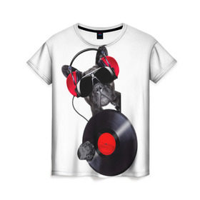 Женская футболка 3D с принтом DJ бульдог в Кировске, 100% полиэфир ( синтетическое хлопкоподобное полотно) | прямой крой, круглый вырез горловины, длина до линии бедер | бульдог | винил | диджей | музыка | наушники | очки | пёс | пластинка | собака | юмор