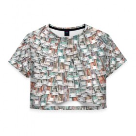 Женская футболка 3D укороченная с принтом Российские деньги в Кировске, 100% полиэстер | круглая горловина, длина футболки до линии талии, рукава с отворотами | бабки | бабло | банк | банкнота | богатство | бумажный | купюры | куча | рубль