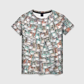Женская футболка 3D с принтом Российские деньги в Кировске, 100% полиэфир ( синтетическое хлопкоподобное полотно) | прямой крой, круглый вырез горловины, длина до линии бедер | бабки | бабло | банк | банкнота | богатство | бумажный | купюры | куча | рубль