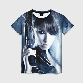 Женская футболка 3D с принтом Девушка с оружием в Кировске, 100% полиэфир ( синтетическое хлопкоподобное полотно) | прямой крой, круглый вырез горловины, длина до линии бедер | брюнетка | девушка | оружие | пистолет