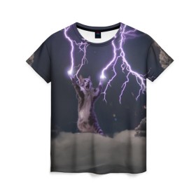 Женская футболка 3D с принтом Грозовой кошак в Кировске, 100% полиэфир ( синтетическое хлопкоподобное полотно) | прямой крой, круглый вырез горловины, длина до линии бедер | lightning cat