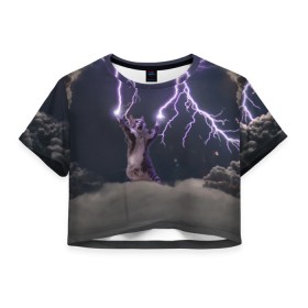 Женская футболка 3D укороченная с принтом Грозовой кошак в Кировске, 100% полиэстер | круглая горловина, длина футболки до линии талии, рукава с отворотами | lightning cat
