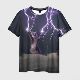 Мужская футболка 3D с принтом Грозовой кошак в Кировске, 100% полиэфир | прямой крой, круглый вырез горловины, длина до линии бедер | lightning cat