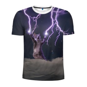 Мужская футболка 3D спортивная с принтом Грозовой кошак в Кировске, 100% полиэстер с улучшенными характеристиками | приталенный силуэт, круглая горловина, широкие плечи, сужается к линии бедра | lightning cat