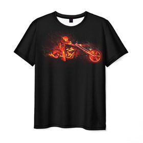 Мужская футболка 3D с принтом Огненный байкер в Кировске, 100% полиэфир | прямой крой, круглый вырез горловины, длина до линии бедер | 