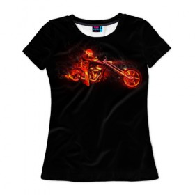 Женская футболка 3D с принтом Огненный байкер в Кировске, 100% полиэфир ( синтетическое хлопкоподобное полотно) | прямой крой, круглый вырез горловины, длина до линии бедер | 