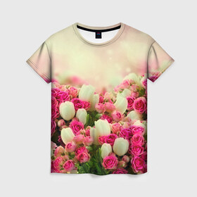 Женская футболка 3D с принтом Цветы в Кировске, 100% полиэфир ( синтетическое хлопкоподобное полотно) | прямой крой, круглый вырез горловины, длина до линии бедер | розовый | розы | цветы | яркий